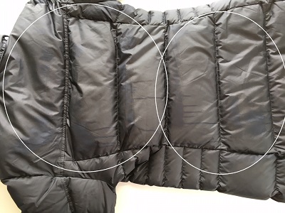 パタゴニア・ダウンコート、撥水剤スプレーのムラ染み。撥水加工